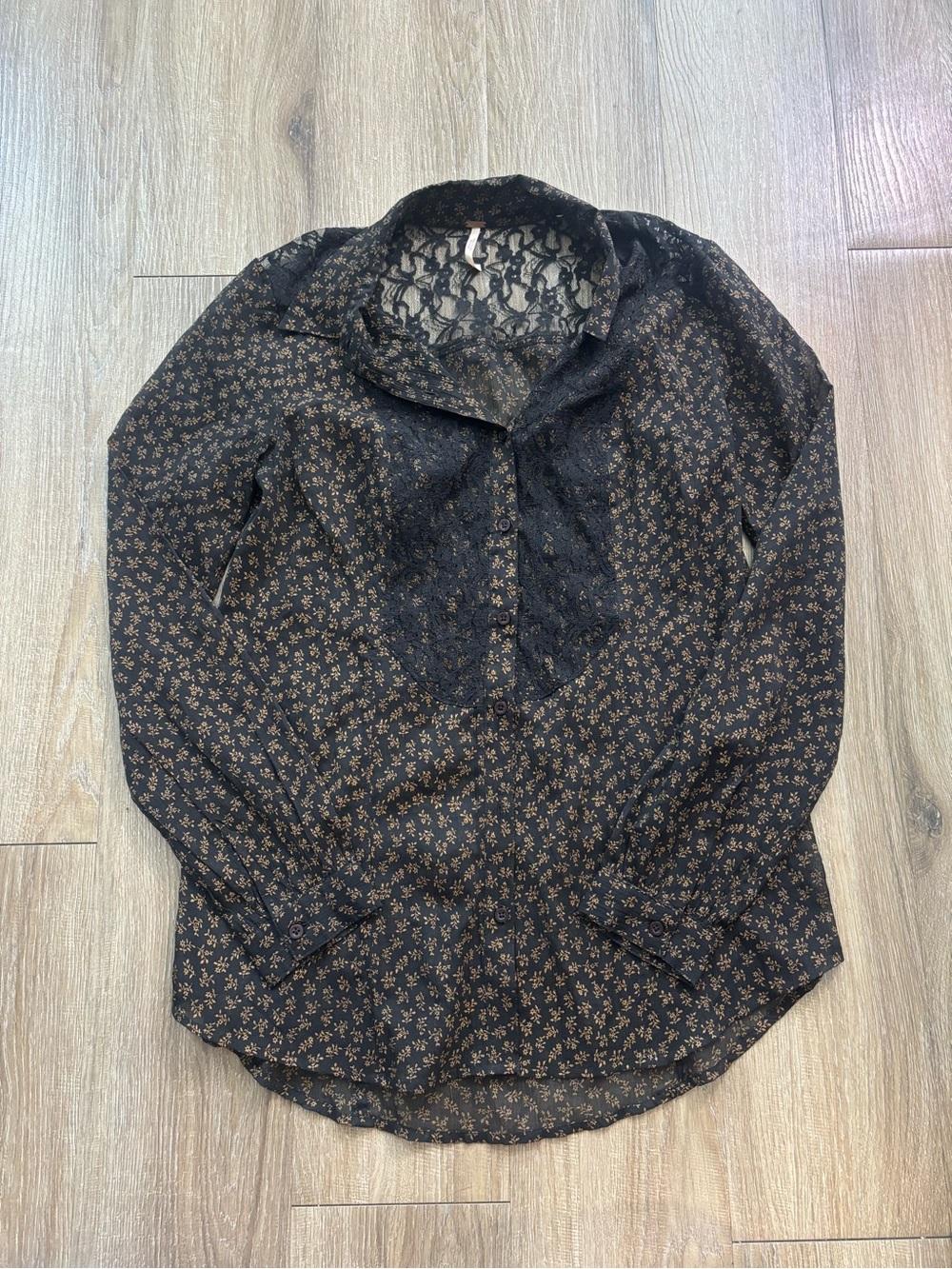 Free People Black Blouse with Brown Floral Print and Lace Trim